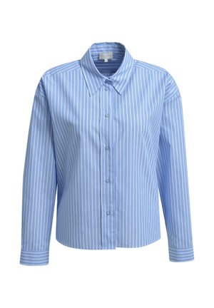Helles blaues Button-up Hemd mit vertikalen weißen Streifen, langen Ärmeln, einem spitzen Kragen und einem leicht kastigen Schnitt. Weicher Stoff.