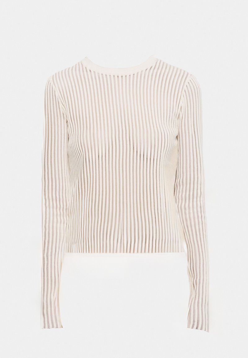 Long-sleeve top made of sheer, striped fabric in cream and beige tones; fitted design with a round neckline and ribbed texture.