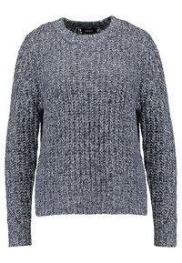 Marineblauer Strickpullover mit Rundhalsausschnitt und langen Ärmeln; verfügt über ein strukturiertes Muster und eine entspannte Passform.