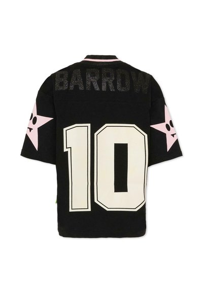 Maglia nera con lettering glitterato "BARROW", grande numero bianco "10" sul retro, accenti a stella rosa sulle maniche e texture del tessuto liscia.