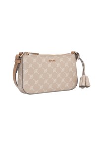 Borsa beige con esterno in pelle texturizzata, caratterizzata da un motivo bianco, chiusura con zip e un accento a nappina staccabile.
