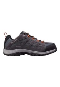 Scarpa da trekking impermeabile con tomaia in suede grigio e mesh, dettagli arancioni, punta rinforzata e suola in gomma testurizzata per una migliore aderenza.