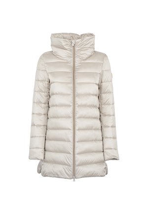 Giacca puffer beige chiaro con collo alto, design a righe verticali, zip frontale e tasche laterali. Tessuto liscio e lucido.