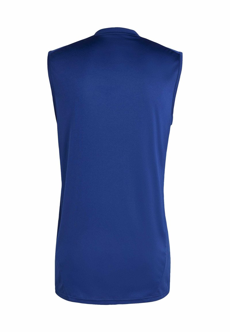 Camisa atlética sin mangas de tela azul oscuro sólido. Textura suave con un escote redondo y dobladillo ligeramente curvado en la parte inferior.