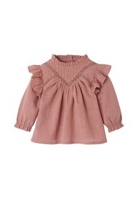 Rosa Langarmoberteil aus strukturiertem Stoff mit Rüschensaum am Kragen und an den Ärmeln. Verfügt über ein dekoratives Spitzenelement im Oberteil.
