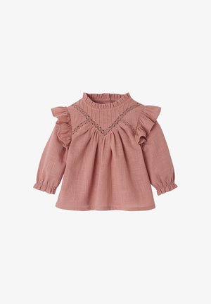 Rosa Langarmoberteil aus strukturiertem Stoff mit Rüschensaum am Kragen und an den Ärmeln. Verfügt über ein dekoratives Spitzenelement im Oberteil.
