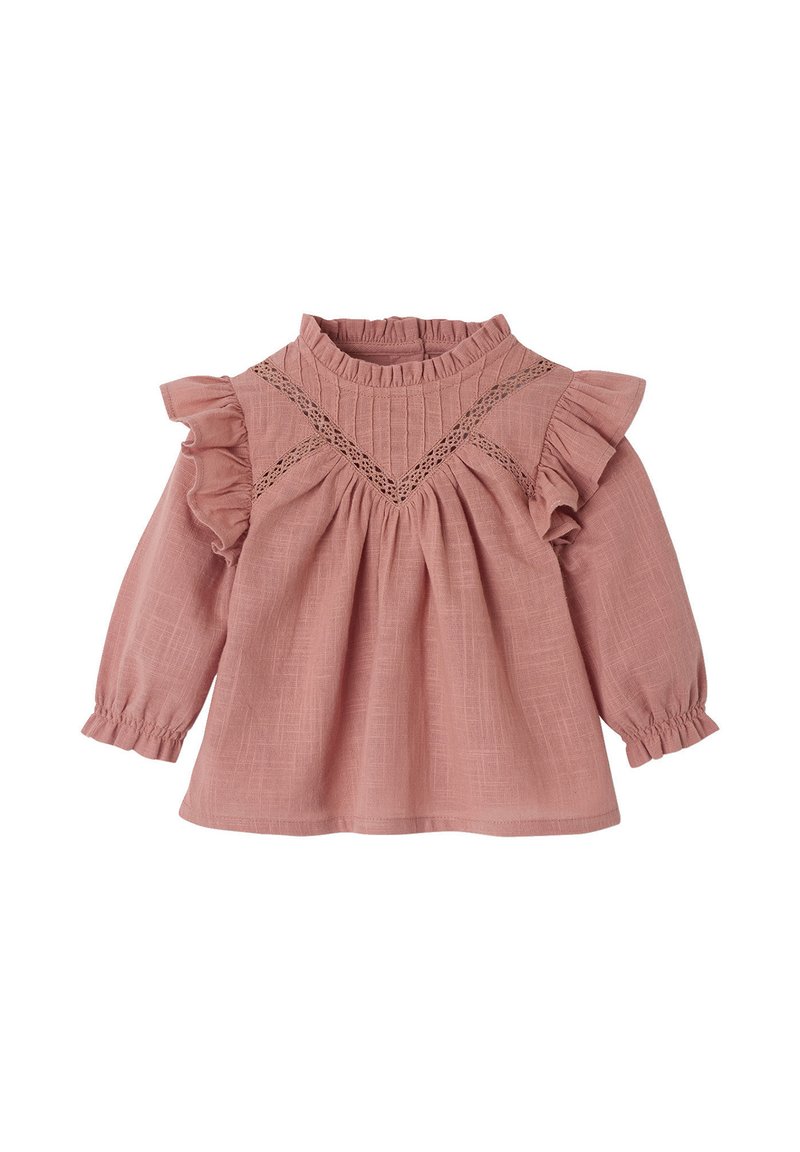 Rosa Langarmoberteil aus strukturiertem Stoff mit Rüschensaum am Kragen und an den Ärmeln. Verfügt über ein dekoratives Spitzenelement im Oberteil.