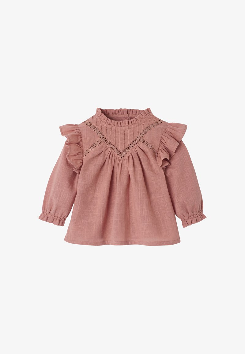 Rosa Langarmoberteil aus strukturiertem Stoff mit Rüschensaum am Kragen und an den Ärmeln. Verfügt über ein dekoratives Spitzenelement im Oberteil.