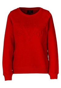 Red sweatshirt made from cotton blend. Features embossed "V" and "1969" design. Classic crew neck and ribbed cuffs. Soft texture.