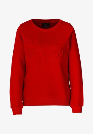 Červená mikina vyrobená z bavlněné směsi. Obsahuje embosovaný design "V" a "1969". Klasický kulatý výstřih a žebrované manžety. Měkká textura.