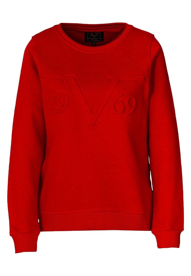 Red sweatshirt made from cotton blend. Features embossed "V" and "1969" design. Classic crew neck and ribbed cuffs. Soft texture.