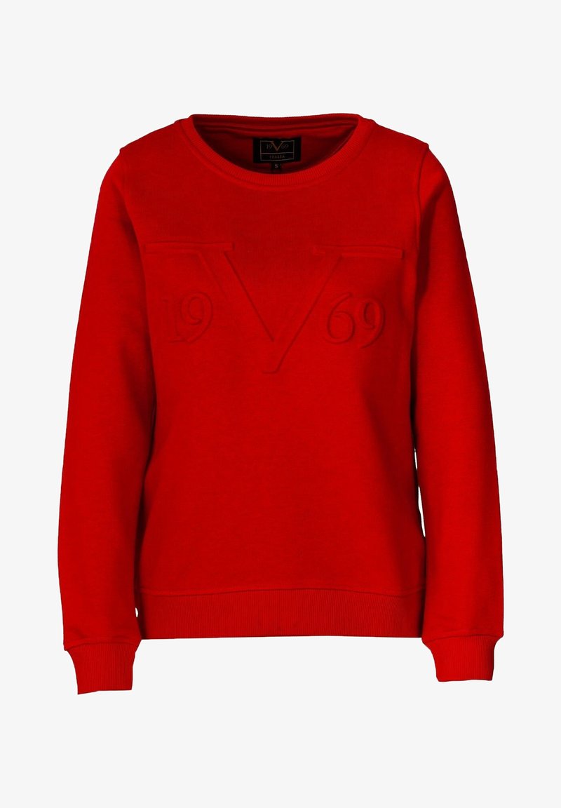 Red sweatshirt made from cotton blend. Features embossed "V" and "1969" design. Classic crew neck and ribbed cuffs. Soft texture.