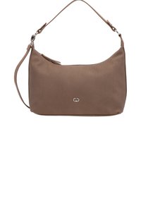 Borsa a spalla marrone con zip argentata, tracolla regolabile e piccolo logo a doppio anello argentato al centro frontale.