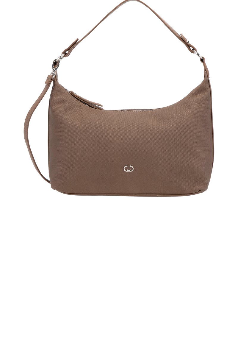 Borsa a spalla marrone con zip argentata, tracolla regolabile e piccolo logo a doppio anello argentato al centro frontale.