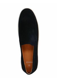 Black suede slip-on shoe with a rounded toe and beige rubber sole. Features minimalist design with no visible hardware or accents.