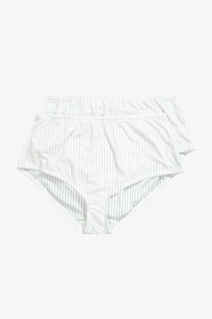Twee witte slips met een hoge taille, met dunne verticale grijze strepen, elastische taillebanden en een zachte stoftextuur.