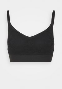 Zwarte bralette met een gladde band en een subtiel golvend patroon in de stof. Voorzien van dunne verstelbare straps en een V-halsontwerp.