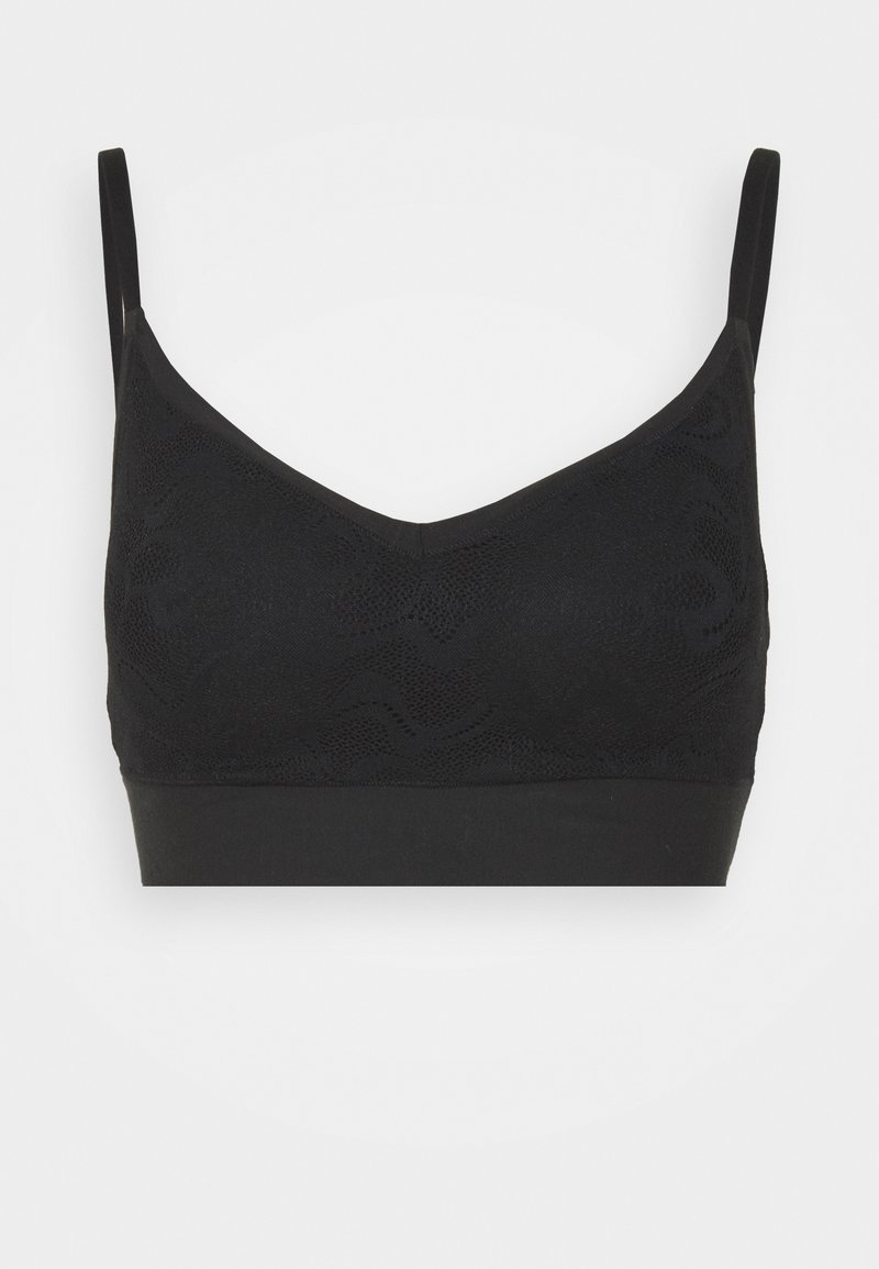 Zwarte bralette met een gladde band en een subtiel golvend patroon in de stof. Voorzien van dunne verstelbare straps en een V-halsontwerp.