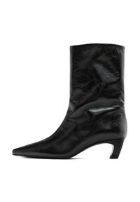 Black leather ankle boot with a pointed toe and a low, tapered heel. Features a smooth texture with subtle creases on the surface.