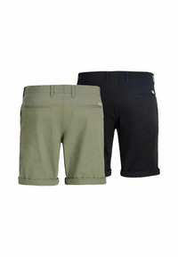 Two pairs of shorts: one olive green and one black, both with a rolled hem, straight cut, and two back pockets. Made of cotton fabric.