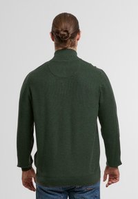 Grüner Strickpullover mit hohem Kragen und strukturierter Oberfläche, ausgestattet mit langen Ärmeln und einer bequemen Passform, kombiniert mit blauen Jeans.