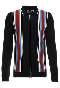 Cardigan zippé noir avec des rayures verticales rouges, bleu clair et blanches ; il possède un col polo et des manches longues, avec une texture tricotée.