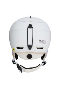 Witte skhelm met ventilatiesleuven, verstelbare kinband, zwarte hardware en uitneembare binnenpadding voor comfort. Bevat MIPS-technologie.
