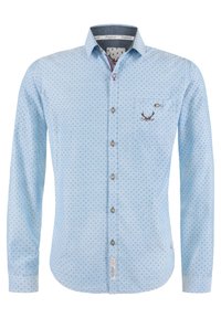 Světle modrá košile s dlouhým rukávem a knoflíky, s malým tmavým křížovým vzorem, přední kapsou na hrudi s vyšitými parohy jelena a vnitřním límcem s květinovým vzorem.