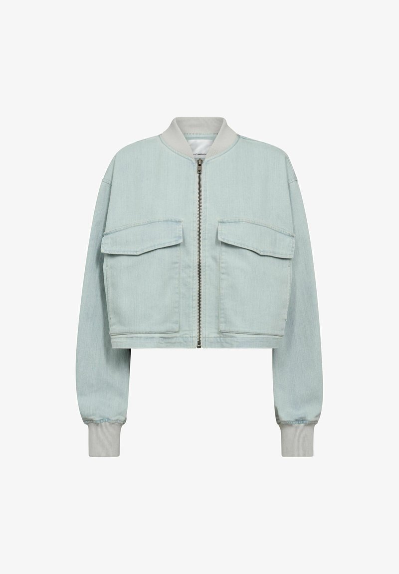 Light blue cropped denim jacket with long sleeves, ribbed cuffs, and collar. Features a central zipper and two front patch pockets.