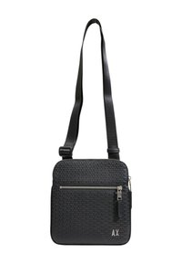 Square black synthetic bag with a woven texture, a front zip pocket, adjustable strap, and a silver accent with "AX" branding.