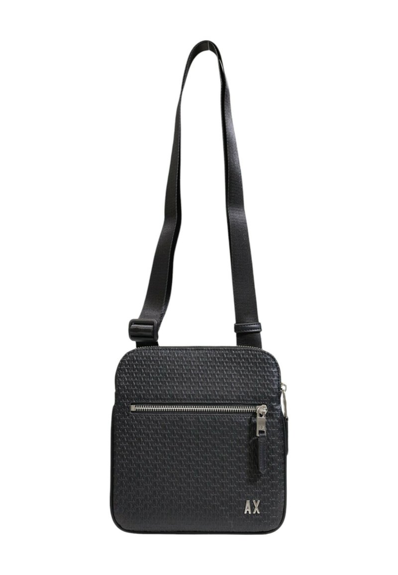 Square black synthetic bag with a woven texture, a front zip pocket, adjustable strap, and a silver accent with "AX" branding.