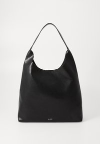 Black leather shoulder bag with a curved top, smooth texture, and a spacious design. Features a subtle brand logo at the bottom.