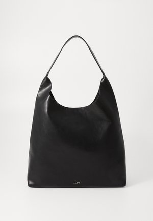 Geantă de umăr din piele neagră, cu un vârf curbat, textură netedă și un design spațios. Include un logo discret al mărcii în partea de jos.