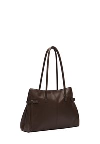 Ciemnobrązowa torebka typu tote ze skóry, z długimi uchwytami, bocznymi paskami dekoracyjnymi oraz gładką, usztywnioną konstrukcją.
