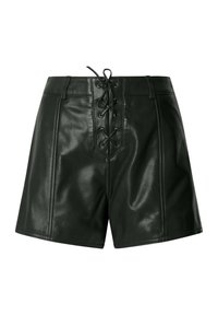 Čierne krátke nohavice z faux kože s vysokým pásom, predným šnurovaním a pútkami na opasok.