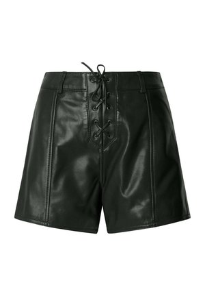 Pantaloncini neri in finta pelle con vita alta, dettaglio frontale con lacci e passanti per cintura.