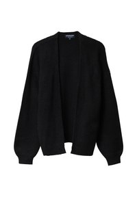 Svart, öppen kofta i mjukt, texturerat tyg. Har långa, vida ärmar och ribbade mudd. Enkel design utan dekorationer.