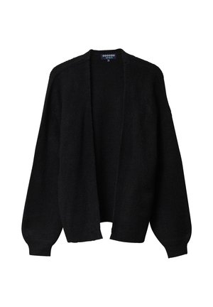 Czarny, otwarty kardigan wykonany z miękkiej, textured tkaniny. Posiada długie, szerokie rękawy oraz ściągacze. Prosty wzór bez ozdób.