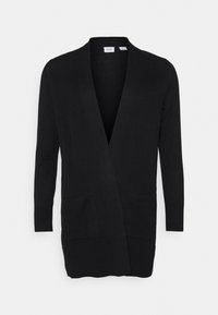 Svart cardigan med V-ringning, öppen front, långa ärmar och två framfickor. Tillverkad av ett texturerat stickat tyg för värme.