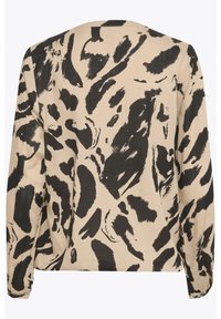 Veste beige à manches longues avec motif léopard abstrait en coups de pinceau noirs, vue de dos.