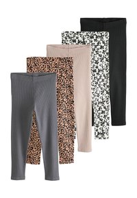 Pet različitih uzoraka: jednobojne sive legging, legging s leopard uzorkom, svijetlo ružičaste, crno-bijele cvjetne legging i jednobojne crne legging. Mekani materijal, uski dizajn.