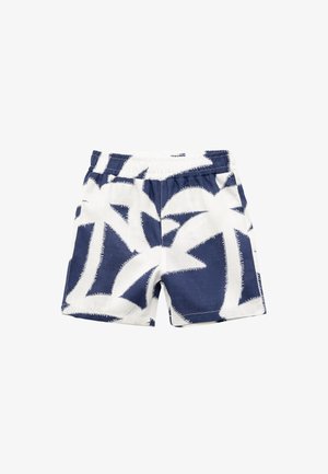 Navy en witte short met een elastische tailleband, voorzien van een palmbladontwerp en een gestructureerde stof.