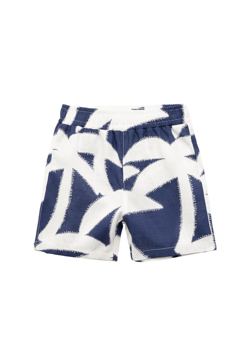 Marineblå og hvide shorts med mønster og elastisk liv, der har et palmebladdesign og en struktureret stof.