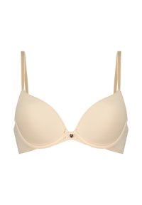 Beige gevoerde bh met een gladde stof, onderbroken ondersteuning, verstelbare bandjes en een decoratieve strikdetail in het midden.