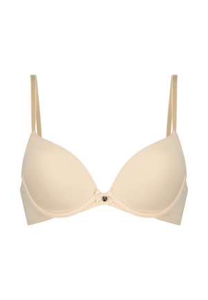 Beige gevoerde bh met een gladde stof, onderbroken ondersteuning, verstelbare bandjes en een decoratieve strikdetail in het midden.
