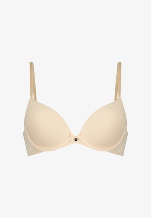 Beige gepolsterter BH mit glattem Stoff, Unterdrahtunterstützung, verstellbaren Trägern und dekorativem Schleifendetail in der Mitte.