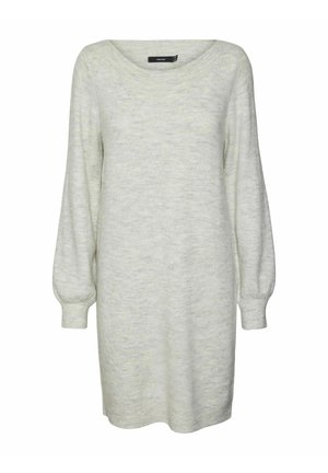 Robe tricotée gris clair avec un décolleté large, de longues manches bouffantes et des poignets côtelés, dotée d'une finition en tissu doux et texturé.
