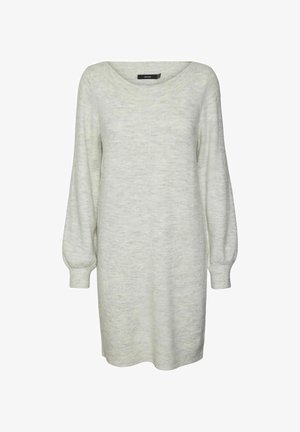 Lichtgrijze gebreide jurk met een brede halslijn, lange ballonmouwen en ribbelmanchetten, voorzien van een zachte, gemerceriseerde stofafwerking.