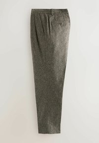 Wool-blend trousers in gray with a textured weave. Flat front, two pleats, and a single back pocket with button closure. Straight leg design.