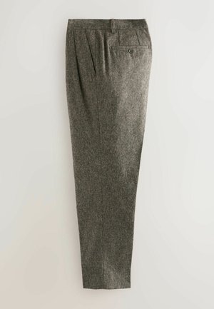 Kalhoty ze vlněné směsi v šedé barvě s texturovaným vzorem. Plný přední díl, dva sklady a jedna zadní kapsa se zapínáním na knoflík. Rovný střih.